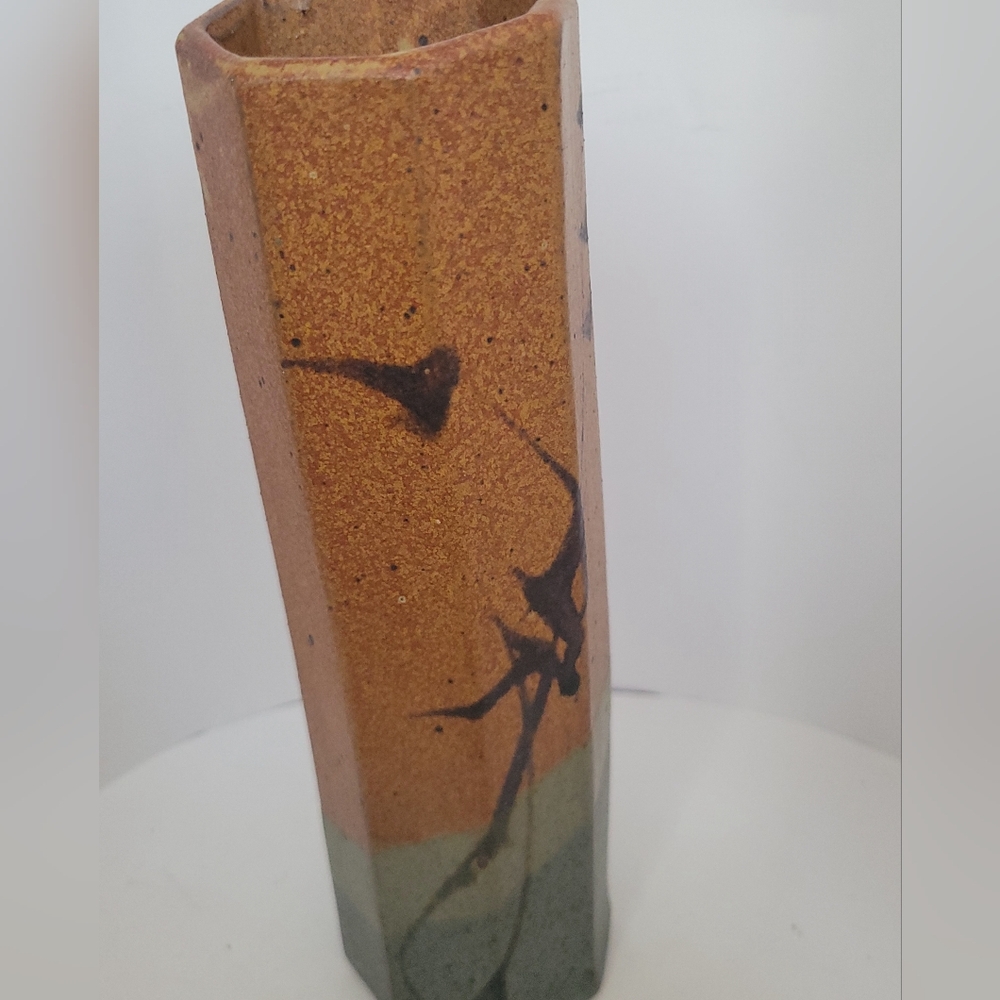 Vtg Mid Century Glazed Painted Stoneware Pottery Vase Vessel Signed Octagonal
